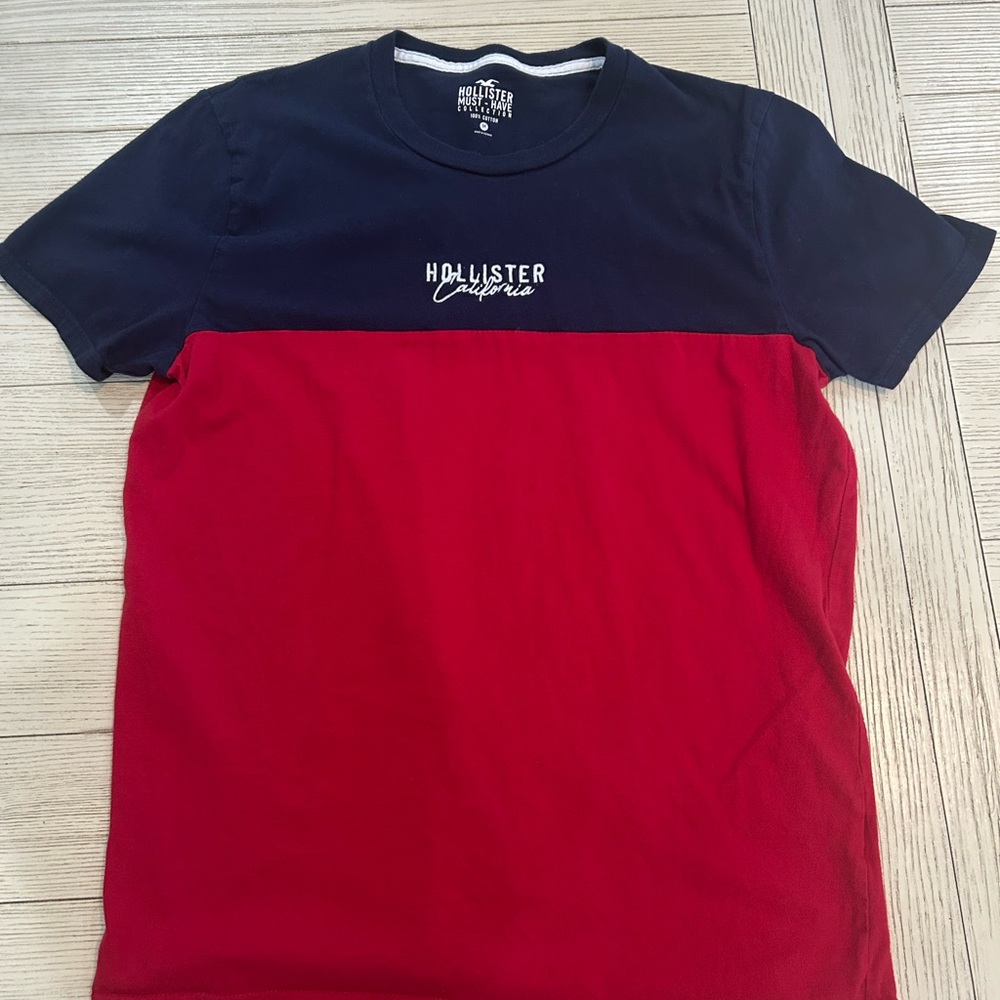 Hollister Men's Short Sleeve Tee in Navy and Red